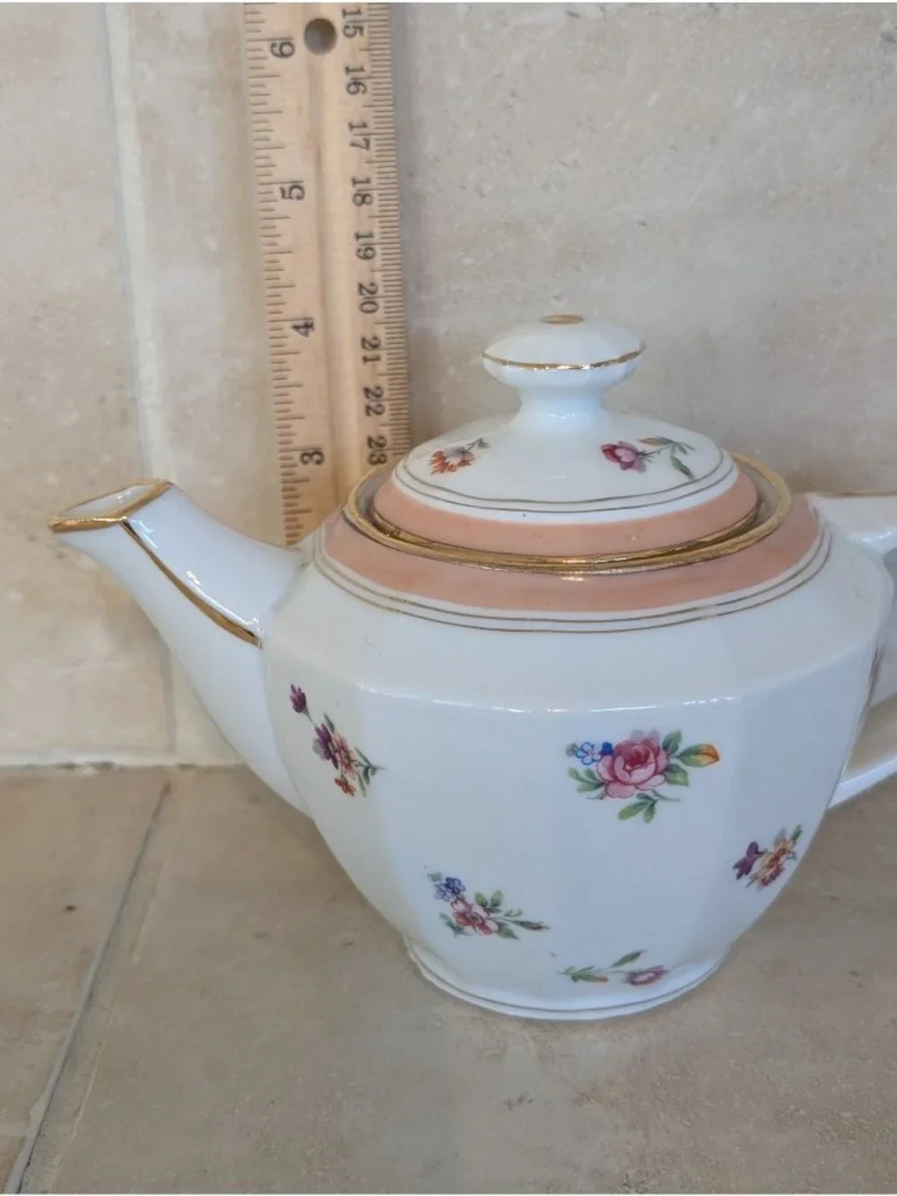 Vintage Faceted Porcelain Teapot MCM Floral Pattern Gold Gilt Trim Elegant
